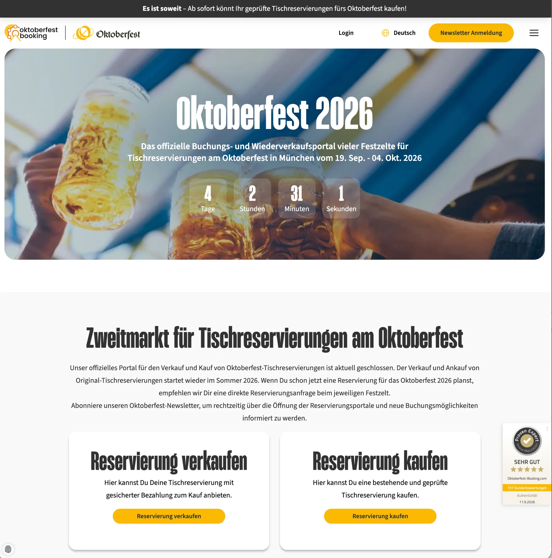 Screenshot der Oktoberfest-Booking-Website mit Buchungs- und Wiederverkaufsportal