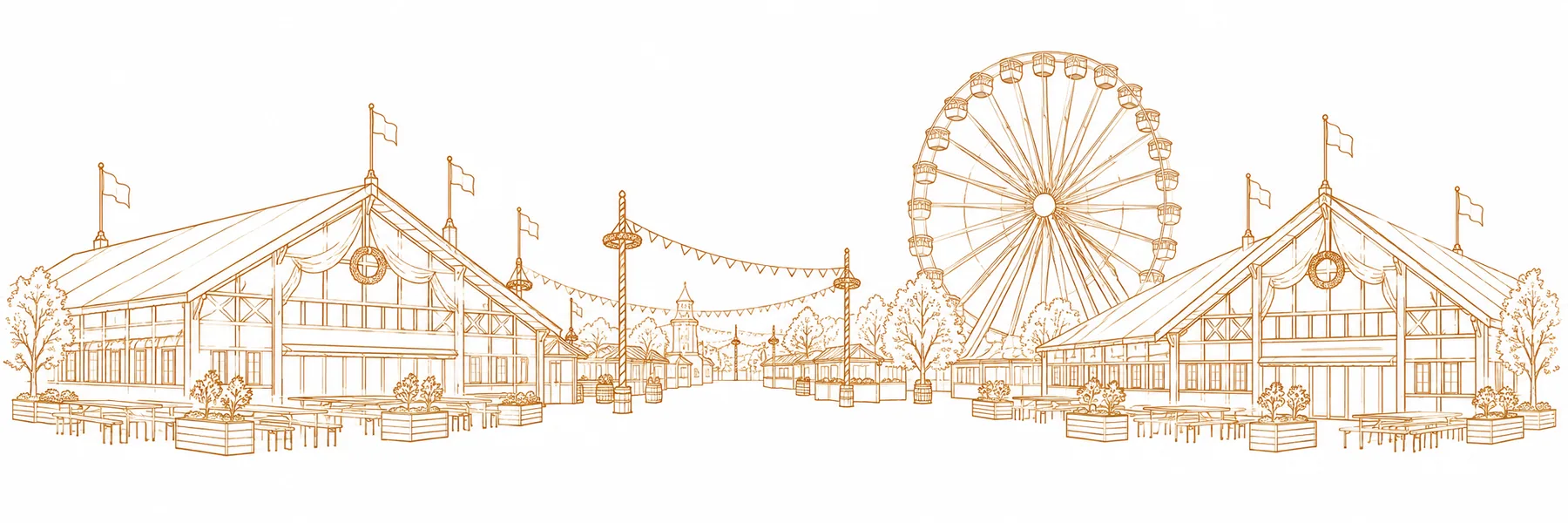 Feine Linienzeichnung von Festzelten, Riesenrad und Biergarten