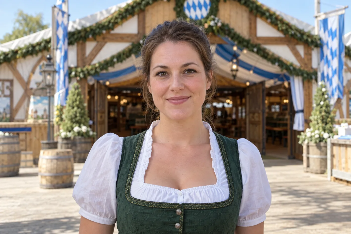 Fiktive Mitarbeiterin vor einem Festzelt im Kamerabild des Terminals